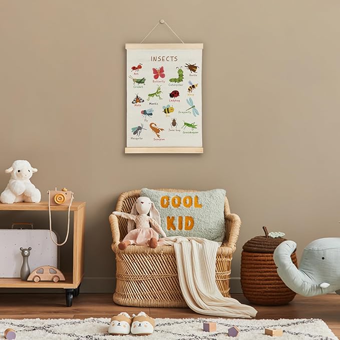 SereneHanctuary Insect Animal Wall Art,Animal Nursery Wall Decor, Boho Insects Educational Poster Hanger Frame for Toddler Kids Bedroom Nursery Playroom Classroom Decor,12x16 Inches