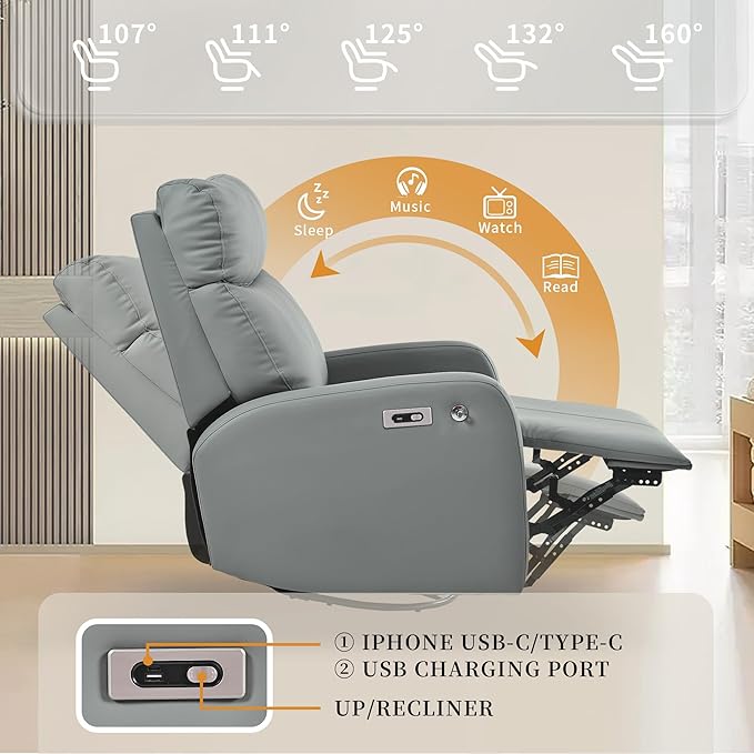 Power Swivel Rocker Recliner Chair for Nursery, Upholstered 270° Swivel Glider Chair with Phone Holder, USB Ports, Power Recliners for Small Spaces Living Room, Grey