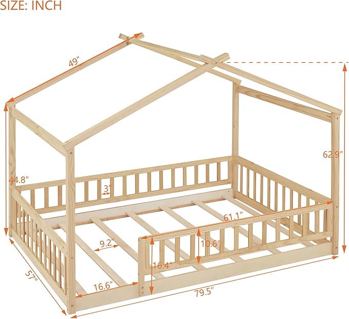 Merax Full Size Wooden House Bed with Fence, Wood Bed Frame with Roof and Safety Guardrail for Kids, Teens, Boys or Girls, Natural