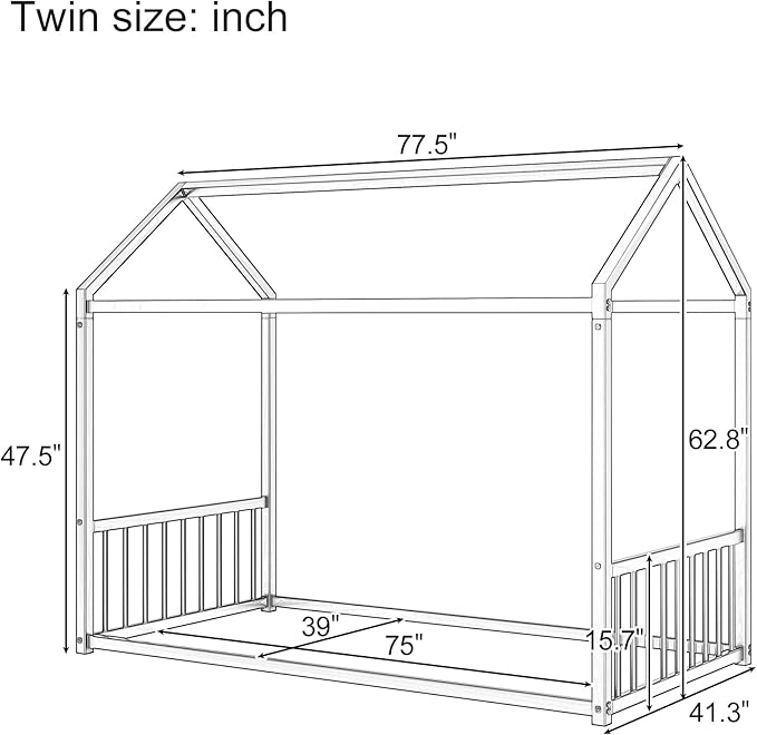 Merax Twin Floor Bed Frame, Montessori Style Metal House Shaped Kids Bed with Vertical Safety Guardrails, No Slats, Grounded Design for Kids and Toddlers, Easy Assembly, White