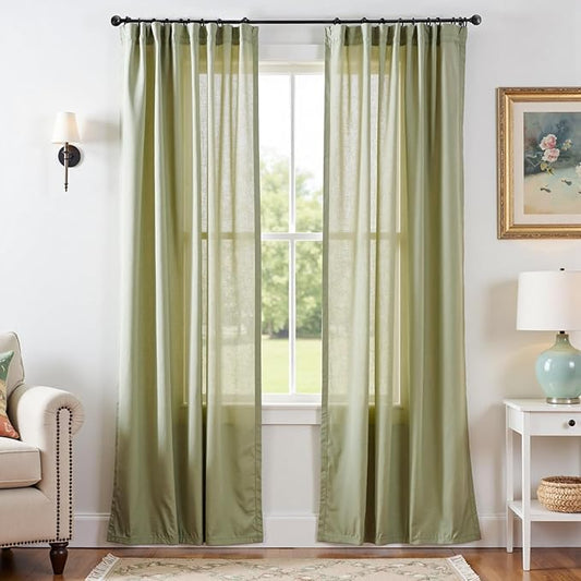 jinchan Linen Blend Curtains 90 inch Length 2 Panels for Bedroom Living Room, Light Filtering 50 inch Wide Farmhouse Drapes with Rod Pocket Back Tab(50W x 90L, Sage Green)