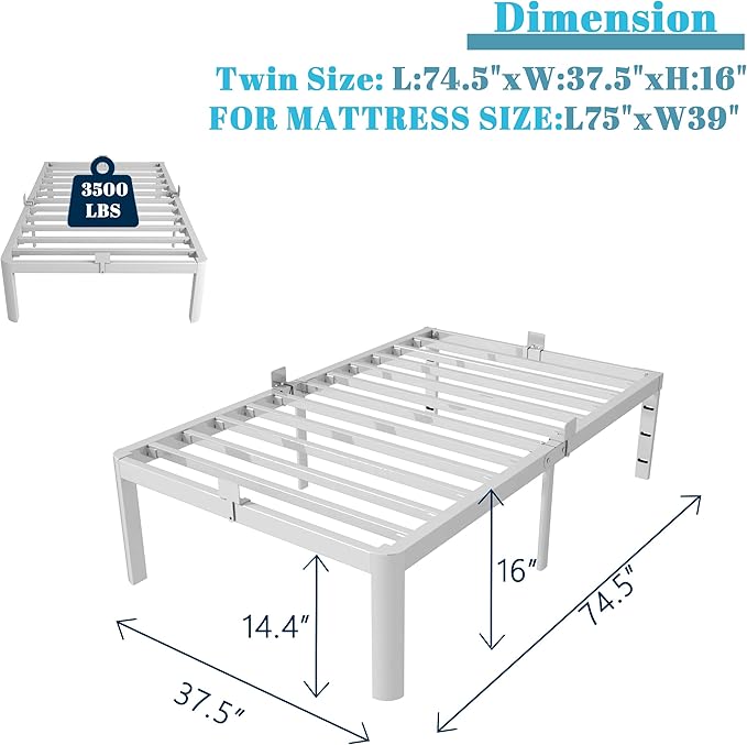 16 Inch Twin Bed Frames with Metal Baffles, White Twin Metal Bed Frame No Box Spring Needed, Heavy Duty Steel Platform Supprt, Rounded Corner Design, Storage Space. Noiseless, Reserved Holes