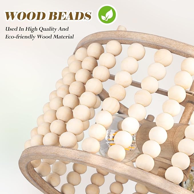 Wood Beaded Boho Ceiling Light Fixture - Vintage Semi Flush Mount Chandelier, 2-Light Bohemian Beaded Nursery Light Fixture for Kids, Living Room, Bedroom, Kitchen Island, Entryway, E26 Socket