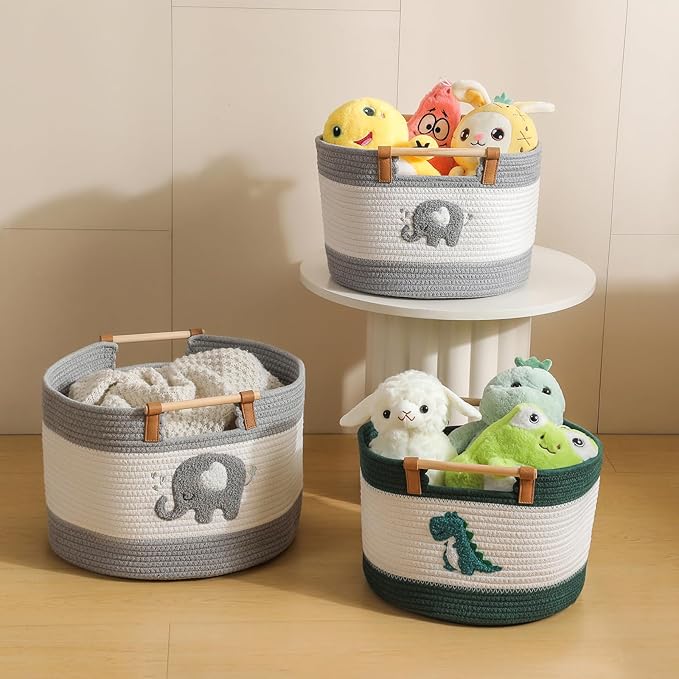 Cotton Rope Baskets for Kids Stuffed Animal Toys Storage for Nursery, Baby Baskets for Gifts Empty, Woven Basket with Wooden Handles Blanket Towel Toy 0rganizer Kids Blanket Storage Bins (Dinosaur ）