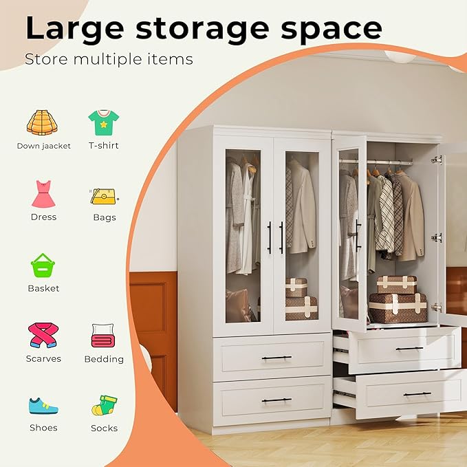 Armoire Wardrobe Closet with Glass Door: White 4 Glass Door Wood Wardrobe Closet with 4 Drawer Wooden Bedroom Armoire with Hanging Rods for Home/Bedroom/Living Room