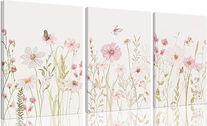 MTFBWY Floral Canvas Wall Art Flower Framed Art Prints Set of 3 Pink Wildflower Printing Botanical Nursery Pictures Wall Decor Artwork for Living Room Bedroom Bathroom 12x16in
