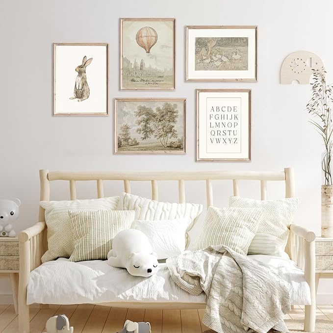 Vintage Nursery Wall Art Children Room Canvas Wall Decor Country Posters Botanical Prints Vintage Landscape Pictures Kids Child Wall Art Neutral Artwork for Playroom Bedroom 12x16x5 Inch Unframed