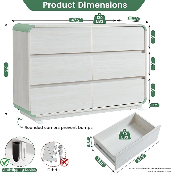 6 Drawer Dresser for Bedroom, 47" Wide Dresser with Large Storage, Rustic Wooden Chest of Drawers for Bedroom, Hallway, White