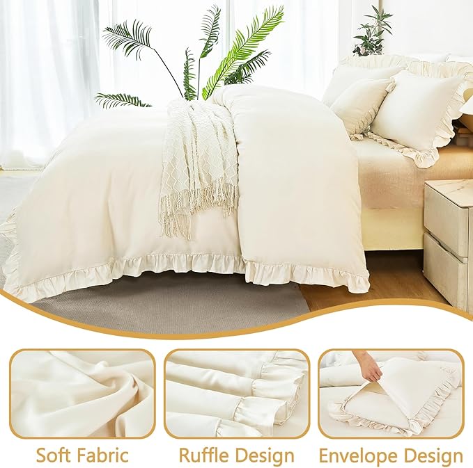 Girls Ruffle Duvet Cover Set Queen 3 Pieces Beige Comforter Set for Kids Cute Chic Ruffled Bedding Duvet Cover Set with 2 Pillowcases(Beige, Queen)
