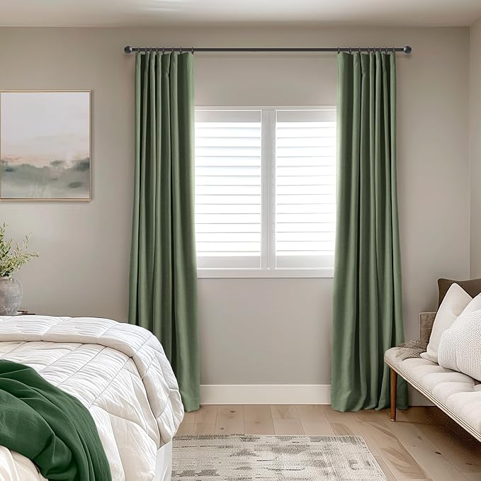 INOVADAY 100% Blackout Curtains for Bedroom, Black Out Curtains 108 Inch Long, Clip Rings Linen Blackout Drapes, Thermal Insulated Room Darkening for Living Room, 2 Panels - Moss Green,W50xL108