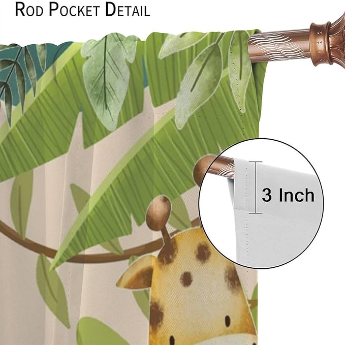 Jungle Animals Curtains Colorful Forest Cartoon Wildlife Lion Giraffe Elephant for Kids Boys Girls Nursery Bedroom Living Room Blackout Rod Pocket Decoration Window Drapes 2 Panels W21xL63in