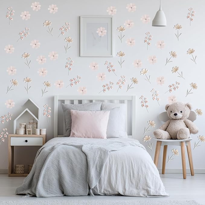 28Pcs Boho Floral Wall Decor Decals, Removable Pink Watercolor Wildflower Stickers for Nursery, Girls Room, Dorm and Headboard Art