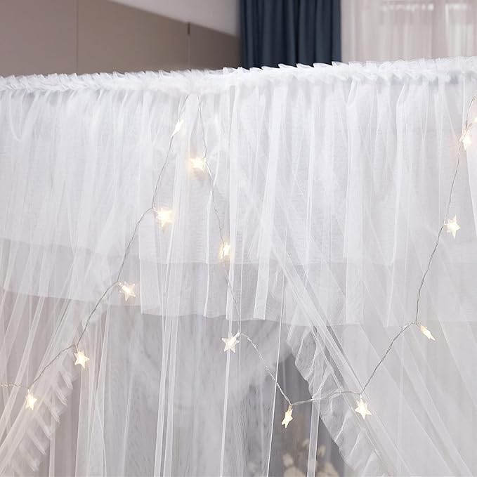 VETHIN 4 Corners Post Ruffle Princess Bed Canopy Curtain-Double Layer Cozy Drape Netting 4 Opening Mosquito Net for Girls Adults Bedroom Decoration (White/White, 78" W*86" L*82"*H/(King))