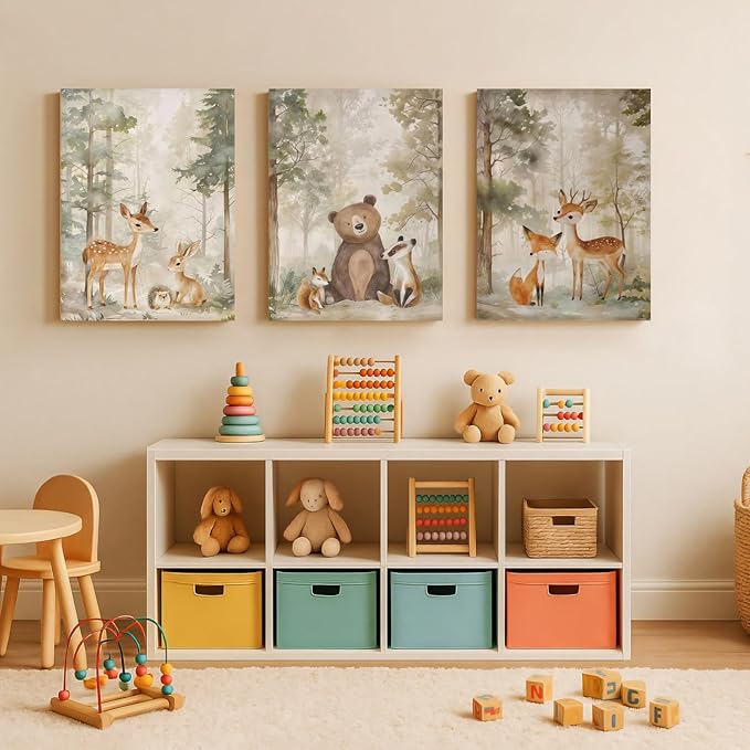LLEEMPI Framed Woodland Nursery Wall Decor Set of 3, Cute Forest Animal Wall Art, Bear Fox Deer Watercolor Canvas Prints, Vintage Nature Poster Prints for Kids Bedroom Bathroom Playroom 12x16 Inch