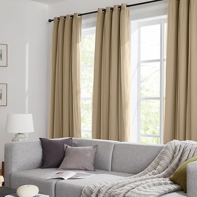 100% Blackout Curtains for Bedroom, Double Layer Khaki Curtains, Black Out Curtain 63 inch Long with Sheer Overlay for Living Room, Room Darkening Window Drapes with Grommet, 52" W x 63" L