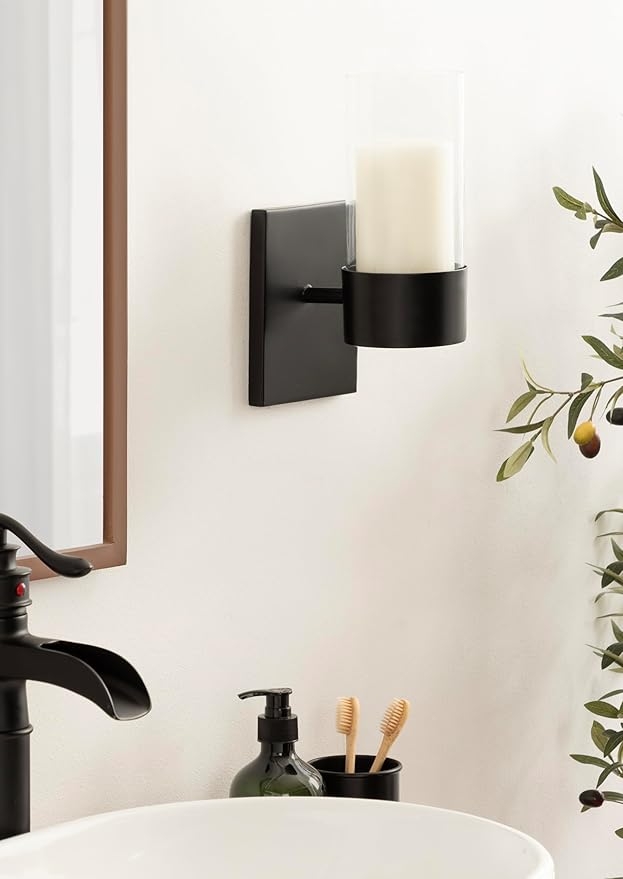 Kate and Laurel Zabler Modern Metal Wall Sconce, 5 x 6 x 10, Black, Round Candle Holder with Removable Glass Cylinder for Flameless Candle Display in Bedroom or Bathroom