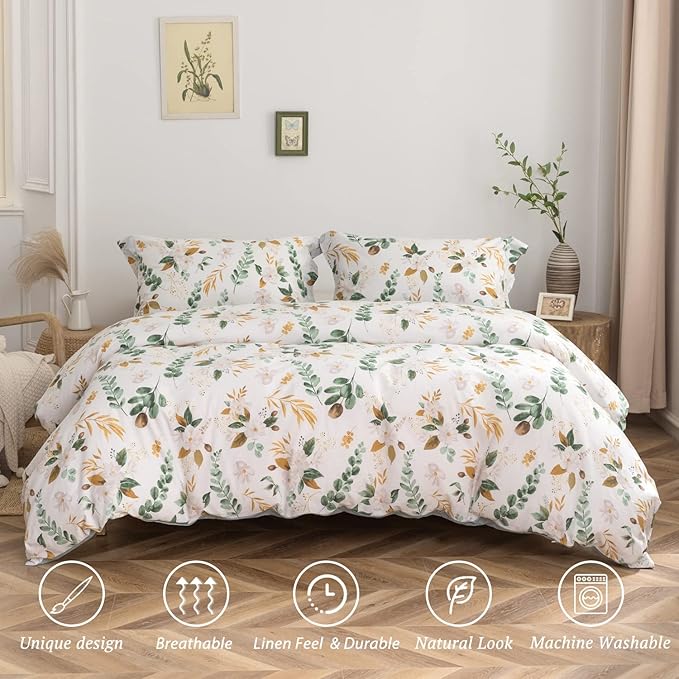 MILDLY 100% Washed Cotton Duvet Cover Set - Garden Flower Printed Autumn Comforter Cover Set Full Size Soft Breathable Bedding Set with Zipper Ties