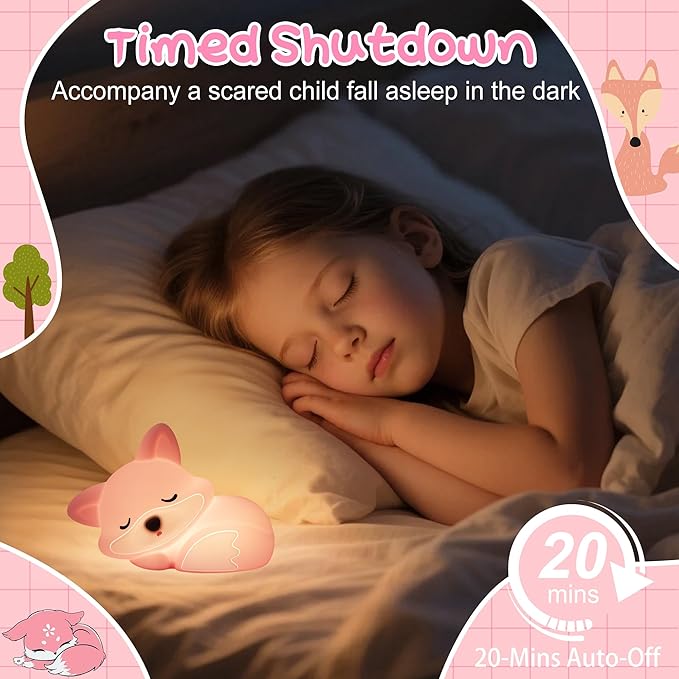 Fox Lamp for Girls, Pink Silicone Squishy Fox Shaped, 20 Mins Auto-Off Rechargeable Dimmable Night Light, Fox Gifts for Nursery Baby Girl Women, Christmas White Elephant Gifts Idea