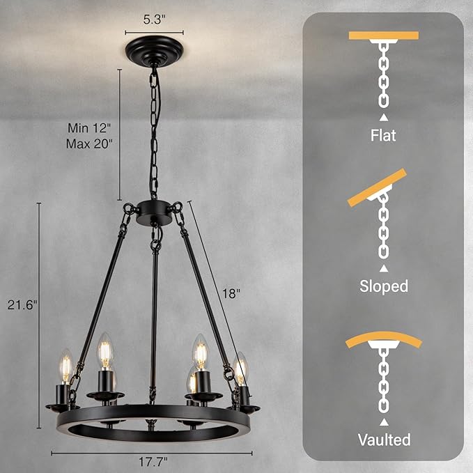 Wagon Wheel Chandelier, 6-Light Black Round Modern Farmhouse Chandelier with Adjustable Height Hanging Island Light Fixture for High Ceiling Dining Room, Kitchen, Living Room, Entryways, Foyer