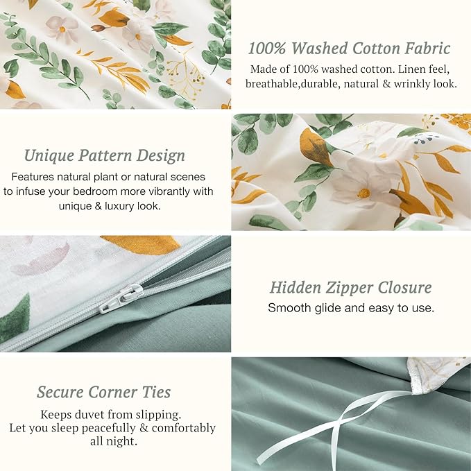 MILDLY 100% Washed Cotton Duvet Cover Set - Garden Flower Printed Autumn Comforter Cover Set Full Size Soft Breathable Bedding Set with Zipper Ties