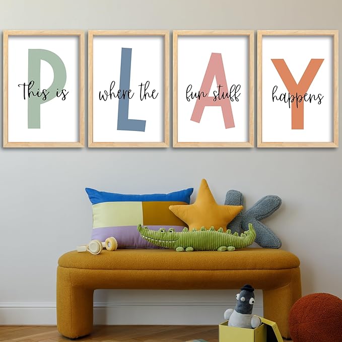 Surfapans Nursery Playroom Wall Decor 24"×16" Set of 4 This Is Where The Fun Stuff Happens Play sign Wooden Framed for Children's Room Wall Hanging Art (Wood)
