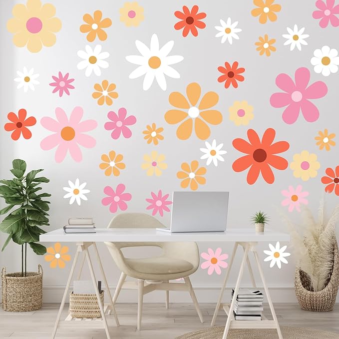 TaoBary 12 Sheets Daisy Wall Decal Flower Wall Sticker Cute Daisy Sticker Pink White Flower Decal Peel and Stick Floral Wallpaper for Nursery Bedroom Home Decor(Bright Color,Bright Style)