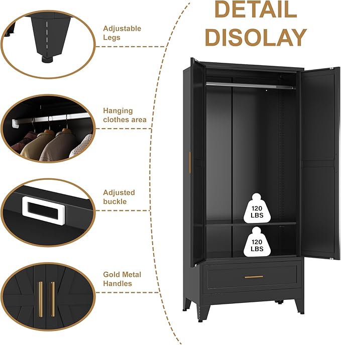 Metal Wardrobe Closet Cabinet with Drawers,71" H Large Bedroom Armoires with Shelves and Hanging Rod,Wardrobe Storage Cabinet with 2 Doors, 1 Adjustable Shelf and Drawers (1Drawer, Black)