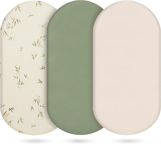 3-Pack Cotton Muslin Bassinet Sheets - Fitted Elastic Mattress Cover for Baby Boys & Girls, Breathable Bedside Bassinet Sheets Neutral Colors (Fits Oval & Rectangle Shape) (Green)