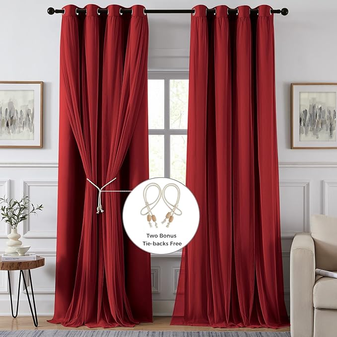 100% Blackout Curtains for Bedroom, Double Layer Red Curtains, Black Out Curtain 96 inch Long with Sheer Overlay for Living Room, Room Darkening Window Drapes with Grommet, 52" W x 96" L