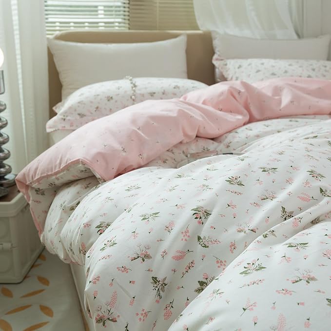 Pink Flower Duvet Cover Full Size Girls Cottage Floral Duvet Cover with 2 Pillowcases Soft 100% Cotton Flower Bedding Set Full Vintage Floral Comforter Cover with Zipper Closure for Girls Women