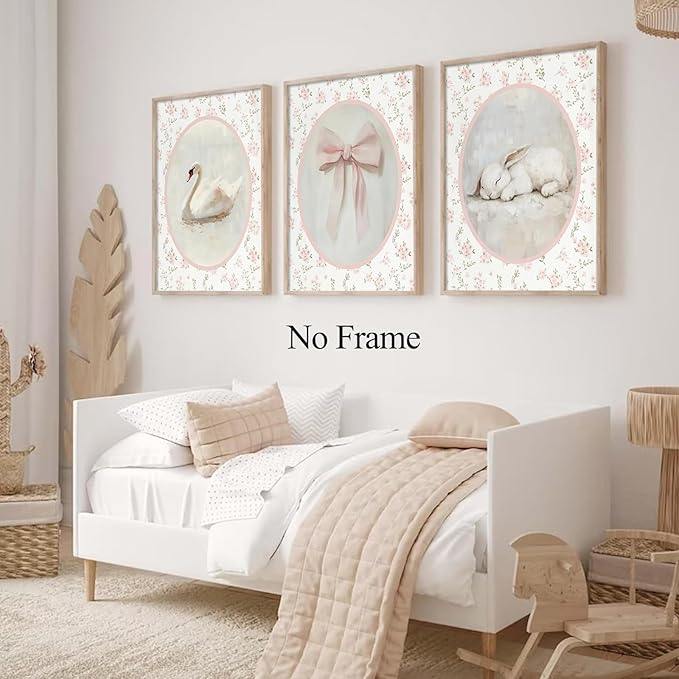 3Pcs Pink Vintage Nursery Wall Art Cute Animal Rabbit Swan Bow Flower Canvas Posters Prints Baby Girl Room Picture Wall Decor for Girls Room Bedroom Decorations Unframed