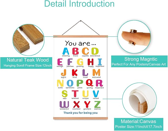 KAIRNE Colorful ABC Alphabet Art Print With Wood Magnetic Poster Hanger Frame , 28X45CM You Are Amazing Positive Affirmation Words Canvas Wall Art For Home School Classroom Room Decor