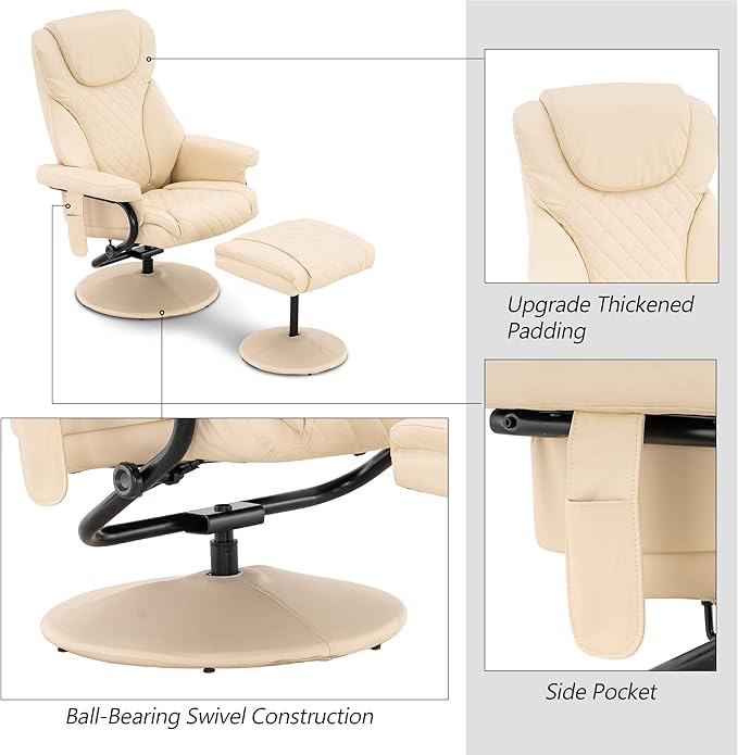 MCombo Recliner with Ottoman, Reclining Chair with Massage, 360 Swivel Living Room Chair Faux Leather, 4901 (Cream White)