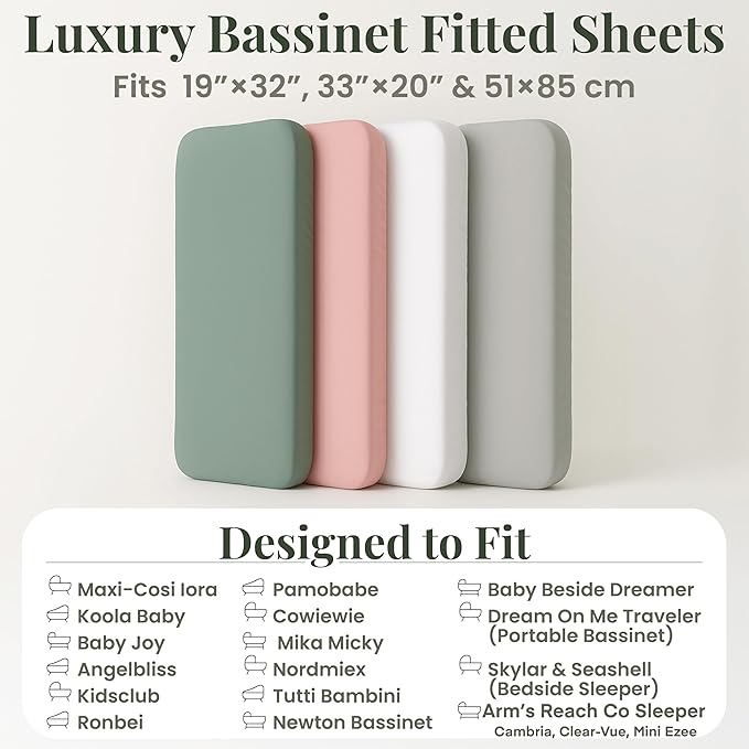 GOTS Organic Bedside Bassinet Sheets 33x20 for Maxi COSI Iora, Newton, Cowiewie, Baby Delight, Mika Micky, Ronbei, Koola Baby Bond, Kidsclub, Luxury Turkish Cotton - Rectangle 32x19-33x20