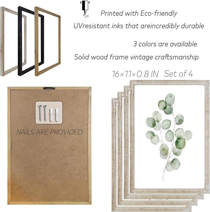 LuZhiQiang Botanical Wall Decor Sign 16x11 Inch Sage Green Plants Prints Set of 4 Modren Minimalist For Bathroom Bedroom Laundry Room Aesthetic Watercolor Small Wood Framed Wall Hanging Art (White)
