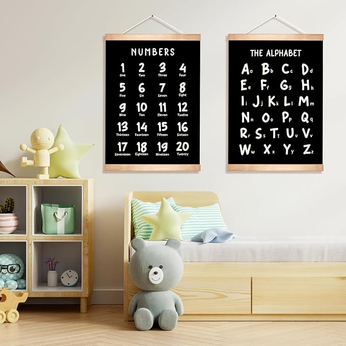 Kids Alphabet and Numbers Educational Chart Set of 2 for Classroom Decor,Colorful Educational Poster for Toddlers 1-3,Toddler Learning Poster for Kids Ages 3-5 for Nursery Playroom,Classroom Must Haves (Black)
