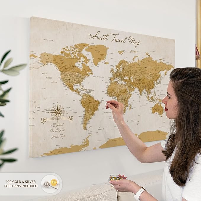 ElephantStock - Personalized Travel Push Pin World Map Wall Art - Horizontal Canvas Wall Art - Living Room Wall Decor - Digital Art Map Canvas Art - Orange And Beige Decor - 39" x 26"