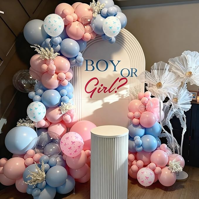 Pink and Blue Balloons, 60PCS 12 Inch Pastel Baby Pink and Blue Gender Reveal Balloons Bow Print Balloon for Boy or Girl Gender Reveal Decorations Bear Bow Baby Shower Party Decoration