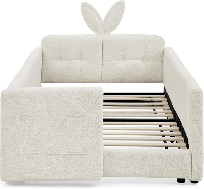 Twin Bed with Rails, Montessori Bed Frame for Toddlers, Boucle Upholstered Platform Bed with Rabbit Ear Headboard, for Kids & Teens, Beige