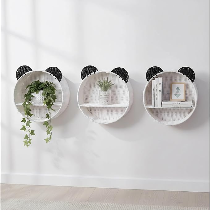 Wicker Wall Shelf, Round Rattan Hanging Organizer with Black Ears, Cute Nursery Wall Decor for Kids Room, Baby Bedroom Storage Rack, Small Floating Shelf for Plants, Toys & Home Décor