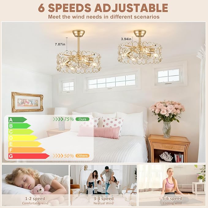 20" Gold Caged Ceiling Fan with Light and Remote Control Flower Crystal Chandelier Ceiling Fan Boho Fandelier for Girl's Bedroom，Nursery，Living Room（Enclosed 6 Speeds Height Adjustment）