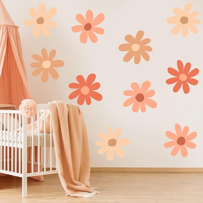 TaoBary 12 Sheets Daisy Wall Decal Flower Wall Sticker Cute Daisy Sticker Pink White Flower Decal Peel and Stick Floral Wallpaper for Nursery Bedroom Home Decor(Orange,Colorful Classic Style)