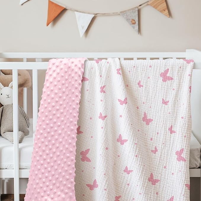 Butterfly Baby Blankets for Girls, Soft Nursery Minky Blankets with Muslin and Dotted Fleece Back 30x40 inches, Receiving Bed Quilt for Newborn, Infants, Toddlers