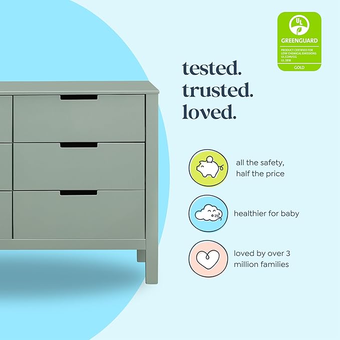 Carter's by DaVinci Colby 6-Drawer Baby Dresser - Wooden Double Chest of Drawers for Kids, Boys, and Girls - Versatile Storage Dresser for Bedroom, Nursery, Living Room and Hallway - Light Sage