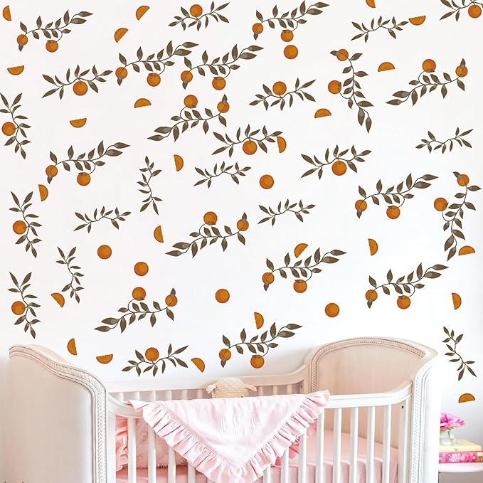 Orange Leaf Wall Decals Boho Fruit Leaf Wall Stickers Small Tree Leaf Sticker Vintage Green Leaves Decal Cute Orange Leaves Wall Decals for Nursery Kids Room Bedroom Kitchen Decor