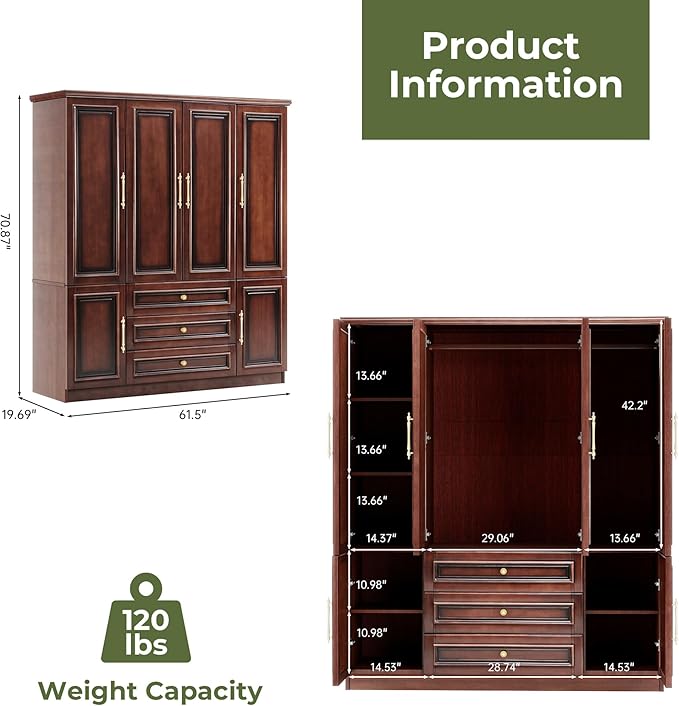 Solid Wood Armoire:Large Wardrobe Closet with Drawers and Hanging Rod,Storage Cabinet Clothes Organizer for Bedroom Cherry Finish