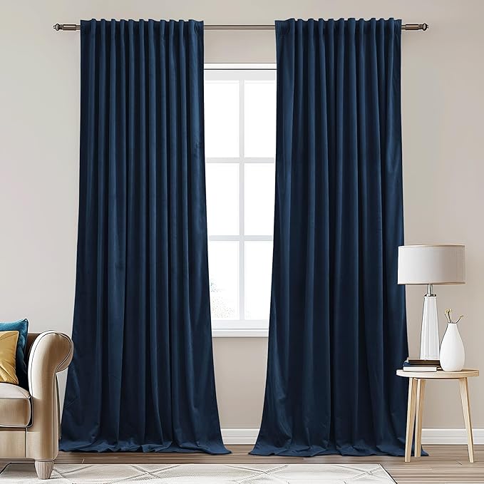 StangH Navy Blue Curtains 84 inches Long Super Soft Velvet Blackout Noise Reducing Panels Back Tab Thermal Insulated for Sliding Door Living Room Bedroom, W62 x L84, 2 Panels