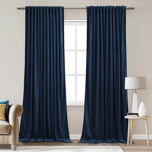 StangH Navy Blue Velvet Blackout Curtains 90 inches Long, Back Tab Privacy Sliding Door Drapes Thermal Insulated Noise Reducing Window Drapes for Living Room, W62 x L90, 2 Panels