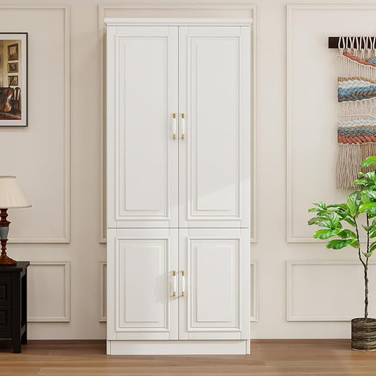 Solid Wood Wardrobe Closet:TemkTuek 70.87" Armoire,Clothing Storage Cabinet with Doors,Shelves and Hanging Rails,Vintage Freestanding,Bedroom,White(18)