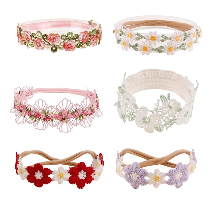 Baby Girl Flower Hair Bows Nylon Headbands, 6PCS Stretchy Soft Floral Hairbands Crown, Handmade Hair Accessories for Newborn Infant Toddler